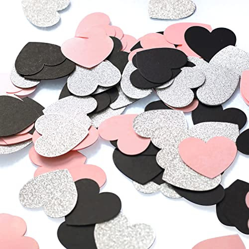 Regendeko 1 Zoll 100 Stück Papier Konfetti Herz Hochzeit Geburtstagsfeier Deko Tischdeko Streudeko (Rosa &Schwarz &Silber)