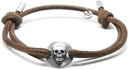Nato Cuff - Totenkopf Skull Armband in Silber 925 - Lederschnur - Herren- oder Damenschmuck Handgefertigt in Frankreich (Vintage Braun)