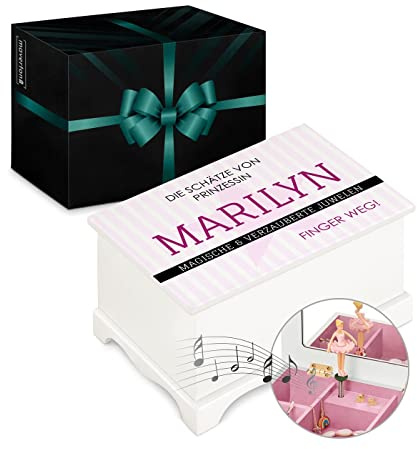 Maverton personalisierte Musik Schmuckdose mit Aufzieh-Spieluhr - Schmuckkästchen Ballerina - Musikspieldose für Mädchen zur Geburt - zum Geburtstag - zu Weihnachten - ohne Schublade - Streifen