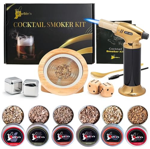 KerSon's Bourbon & Whiskey Cocktail Smoker Kit mit Fackel, 6 Geschmacksrichtungen Holzspäne – altmodisches Smoker-Kit für anspruchsvolle Getränk-Enthusiasten (ohne Butan)
