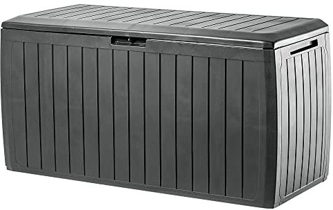 KADAX Gartenkiste, 116,6x47x59,5cm Aufbewahrungsbox aus Kunststoff, 290L Gartentruhe mit Griffen und Verschluss, Gartenbox für Aufbewahrung von Kissen (290 L, Anthrazit)