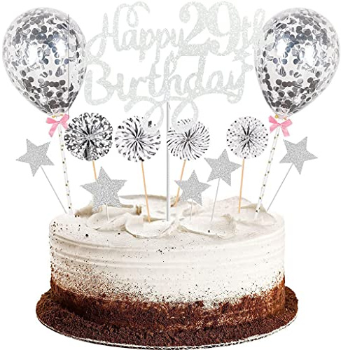 Conruich Tortendeko 29. Geburtstag Frau Mann, Kuchen Topper Happy 29th Birthday, Kuchendeko 29. Geburtstag Männer, Cake Topper Geburtstag Ballon Konfetti für Geburtstagstorte Deko 29 Jahre Frauen