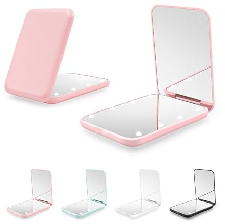 Kakuje Miroir de voyage avec lumière, grossissement x1/3x, miroir compact LED avec biatterie naturelle, mini miroir rose pour sac à main, poche, voyage et cadeau