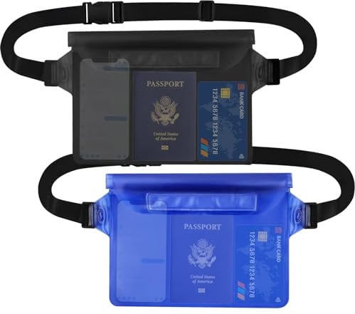 Jsdoin 2 Stück wasserdichte Tasche mit Verstellbarem Gurt, wasserdichte Bauchtasche, Dreifache Faltdichtung, Wasserdichter Beutel für Wassersport, Schwimmen, Strand, Tauchen usw(Schwarz+Blau)