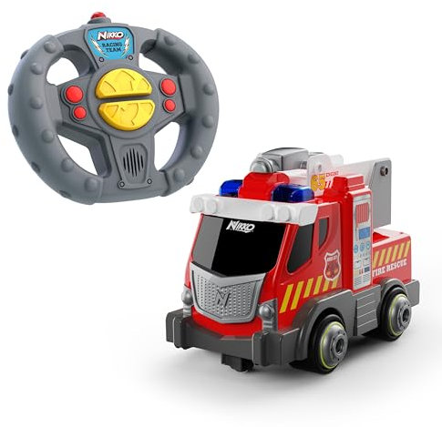 Nikko RC 10232 My First RC Camion de pompier radiocommandé, pour débutants, facile à utiliser, avance, télécommande avec bruit de conduite et bouton muet, pour enfants à partir de 2 ans, 19 cm, rouge