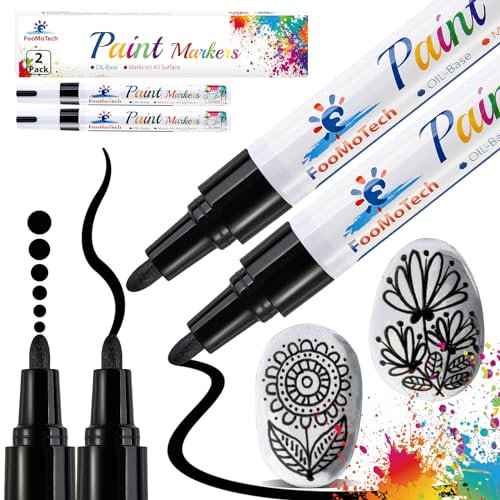 FooMoTech Black Paint Water Based Markers - Permanent Acrylic Markers, Medium Tip, Quick Dry, Waterproof for Rock, Fabric, Metal, Wood, Plastic, Canvas, Leather, Glass