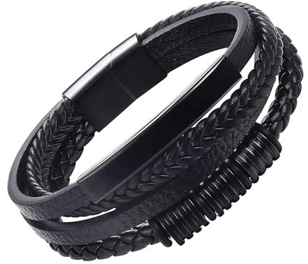 Dochais Lederarmband Herren Schwarz Premium Männer Leder Armband mit Magnetverschluss Edelstahl Armbänder Geflochten Mann Schmuck Geschenke für Ihn Vater Ehemann Junge Freund, 21.5CM