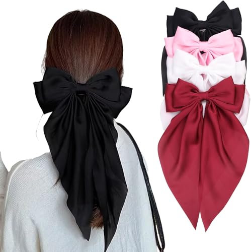 Kesfey Lot de 4 pinces à cheveux à gros nœud, en satin doux et soyeux, couleur unie, barrettes à cheveux françaises avec ruban pour filles et femmes (noir, blanc, rose et rouge)