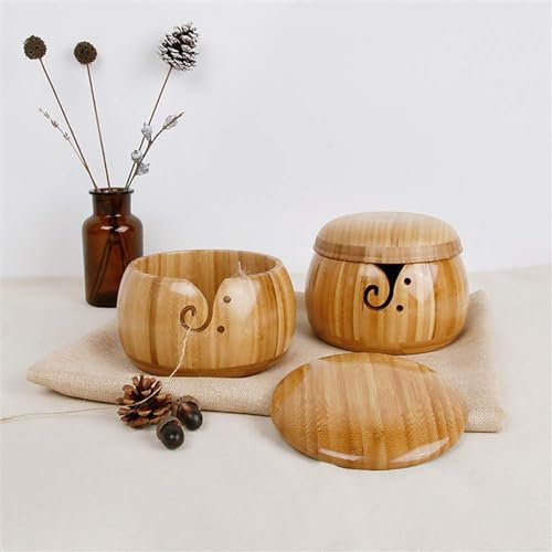 TEMU-SC Wooden Yarn Bowl for Crochet, Knitting Bowl Wool for DIY Knitting Crocheting Accessories(with Cover)(Bamboo)(15 * 9.5cm)