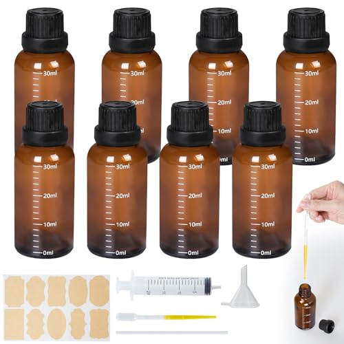 Annyswit 8 Stück Braunglasflasche mit 0-50ml Skala, 50ml Kleine Braune Flaschen mit Pipette, Spritze & Katheter, Braune Glasflaschen mit Trichter & Aufkleber, für Ätherische Öle, Parfüm (30ml)