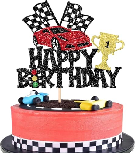1 Stück Motorrad Tortendeko Glitzer Happy Birthday Motocross Dirt Bike Kuchen Deko für Motocross Thema Kuchendeko Mann Junge Geburtstag Party Kuchen Dekoration Schwarz Rot