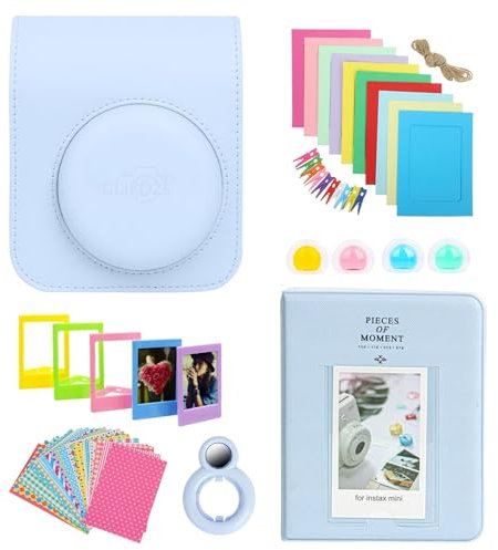 Clikoze Instant Camera Accessories Bundle with Fujifilm Mini 12 Case Mini Album Book, Selfie Mirror, Film Stickers x20, Colour Filters and More (Pastel Blue)