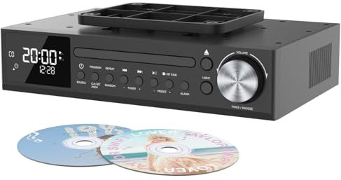 MONODEAL Bluetooth CD Player,Under Cabinet Kitchen FM Radio CD Player,Dual HD Speakers,Wireless Music System with LED Light,Remote Control,Kitchen Timer,Dual Alarm Clock Black