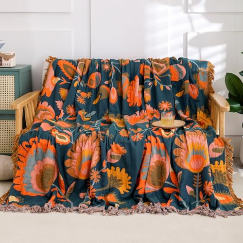 Snylcce Doppelseitige böhmische Decke - 100% Bio-Baumwolle, handgewebte Bett- und Sofadecke, gemütlicher Boho-Akzent für Sofas und Sessel mit 2-3 Plätzen - 150x200cm, leuchtendes Orange
