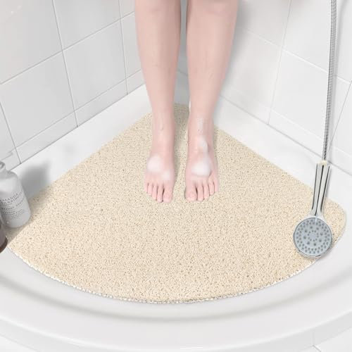 Tapis de douche d'angle antidérapant : tapis de bain anti-moisissure – 60 x 60 cm en luffa pour douche intérieure – tapis de bain antidérapant pour salle de bain intérieure – tapis de douche beige