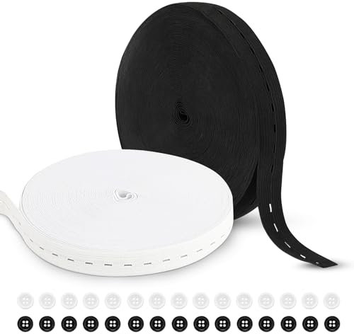2 Rollo Goma Elastica Costura, 20M Cinta Elastica Costura, Bandas Elásticas con Ojal, 30 Botones de resina de color liso, Banda Elastica Costura, para Pantalón Pretinas Manualidades Costura DIY