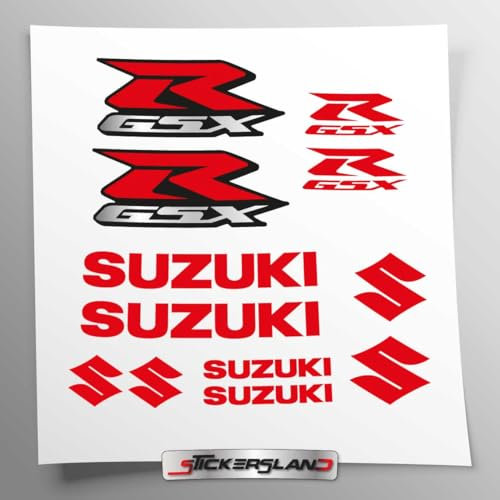 Aufkleber-Set kompatibel mit Tank und Motorradhelm GSX R | Basis Vinyl transparent, einfache Anbringung, UV-Druck | Schriftzug Logos | Stickersland® (rot)