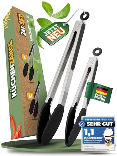 KNUSPERLIEBE® 2X Premium-Küchenzangen aus Edelstahl, ergonomische Kochzange mit Silikonspitze, 33cm & 26cm Lange Zangen, Grillzange, BPA-FREI, hitzefest, spülmaschinengeeignet, mit Verriegelung