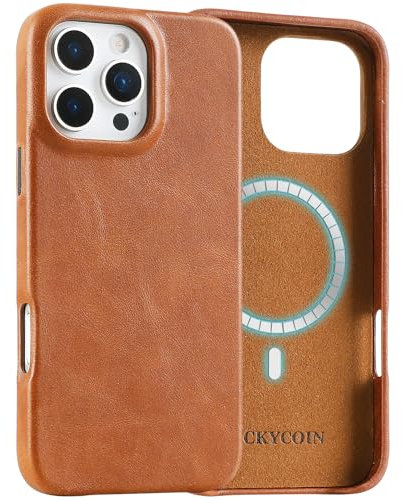 LUCKYCOIN Magnetic Phone Case for iPhone 16 Pro Max 6.9 in,Compatible with MagSafe Wireless Charging,Genuine Leather Case with Metal Buttons,Shockproof Screen Protector Phone Bumper Cover-Brown