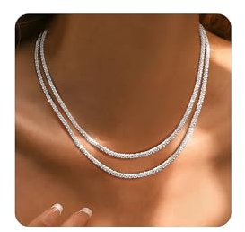 JeweBella 2 Stück Kette Damen Silber Halskette Layerd Lange Halskette 18K Goldkette Silberkette ohne Anhänger Stapelbare Choker Kette Damen Gold/Silber