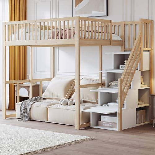 Merax Hochbett 140x200 cm, platzsparendes Kinderbett mit Stauraum, für Kinder, Jugendliche und Erwachsene, Holzfarbe und Weiß (ohne Matratze)