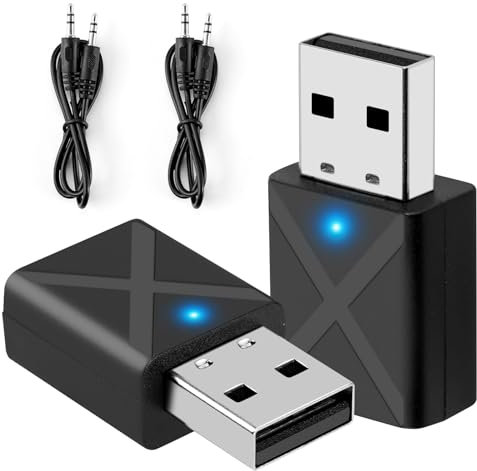 2 Pcs Bluetooth 5.0 USB Receptor, Transmisor Receptor Bluetooth 4-en-1 con Audio Inalámbrico 3.5MM Cable para Altavoces, PC, Auriculares, Coche