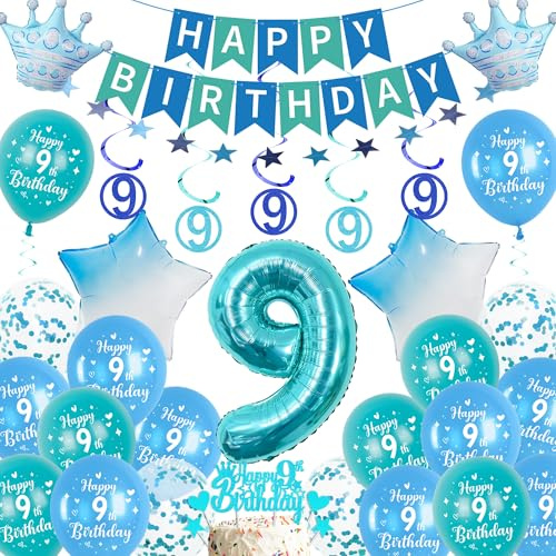 Xietaea Deko 9. Geburtstag Junge Blau - 9 Geburtstagsdeko Luftballons Happy Birthday Girlande Tortendeko, Riesen Zahlenballon und Konfetti für 9 Jahre Party Dekoration Jungen