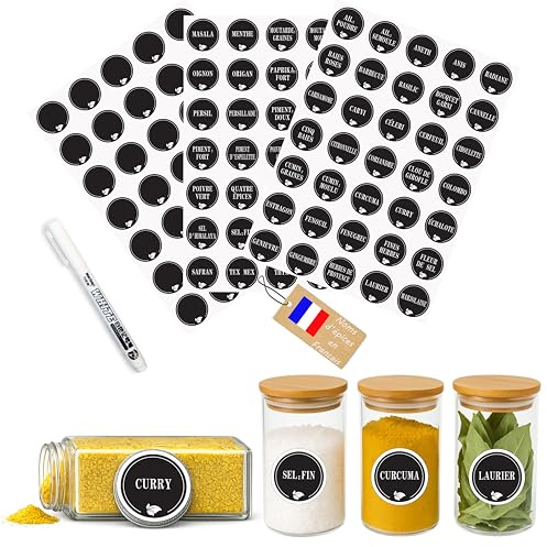 Kistayle Étiquettes épices rondes Ø38 mm pour pots à épices – 105 pièces | Marqueur noir double pointe et étiquettes vierges inclus pour personnaliser vos pots