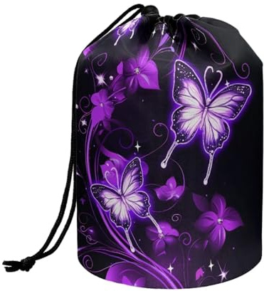 Wnbucioht Purple Butterfly Print Drawstring Make up Bag for Womens Large Stand up Cosmetic Bags Toiletry Bucket Bags Round Organizer Butterfly Gifts for Women Girls Cute Toiletries Bags