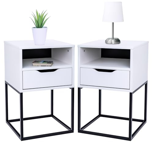 POSNORD Nachttisch 2er Set mit Schublade | 38 x 63 x 36 cm (BxHxT) | Hoher Schmaler Nachtschrank für Boxspringbett | Moderne Nachtkommode aus MDF & Metall | Nachttisch Weiß