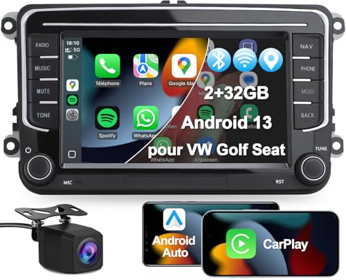 MRSXWPY 2 Din Autoradio, 7 Radio Voiture avec Caméra de Recul pour VW Golf, Passat, Seat, Touran, Skoda, CarPlay & Android Auto, Écran Tactile, EQ, FM, GPS Navigation, Commandes au Volant, MirrorLink