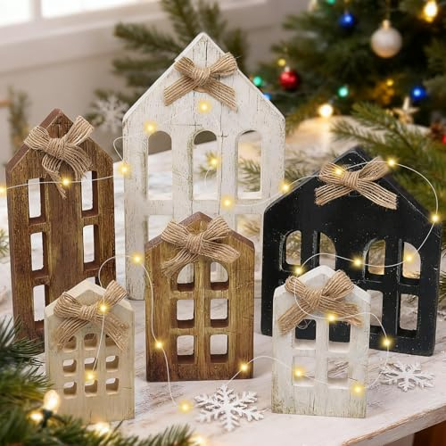 Weihnachtshäuser, 6 Stück Weihnachtsdeko Häuser, Tischdeko Weihnachten, Weihnachtsdeko Haus Holz mit LED Lichterkette, Deko Häuser Weihnachten, Weihnachtshaus Weihnachtsdeko Innen Holzhaus Winterdeko