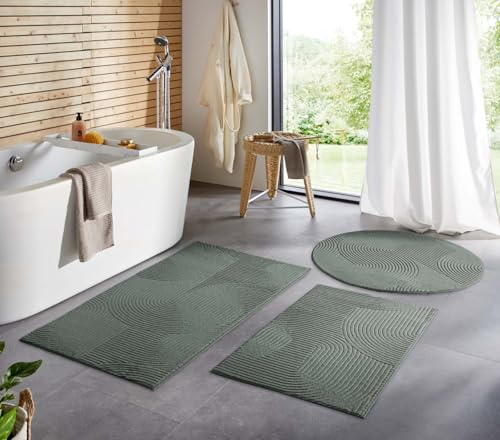 Taracarpet Badematte Homestyle rutschfest waschbar Badezimmerteppich Bad-Vorleger, WC Deko, Duschvorleger für Dusche und Badewannen sehr weich und kombinierbar Grün Wellen 050x080 cm