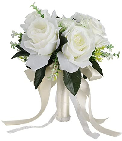 lyrlody Artificial Wedding Bouquet, Silk Flower Bridal Bouquet with Silk Ribbon Decoration for Wedding Bride Party Photography (Milk White)
