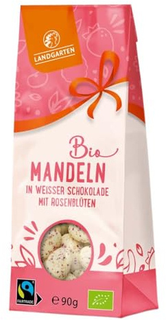 Landgarten Mandeln in weißer Zitronen Schokolade Rosenblüte, 90g