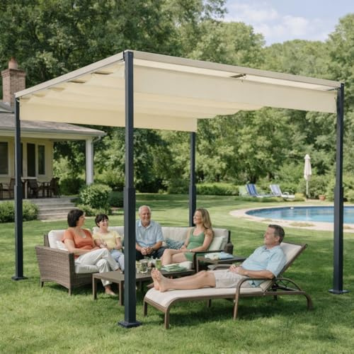 Pergola Jardin Exterieur 3x4 m Beige, Tonnelle de Jardin Exterieur Coulissante Rétractable, Structure Métal Anticorrosion, Toile Haute Densité, Abri Solaire pour Terrasse et Jardin