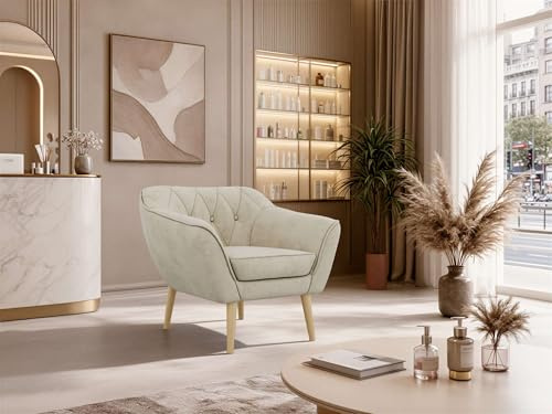 MKS MEBLE Sofa PIRS 1-Sitzer - Skandinavisches Design Couch, Gesteppte Polsterung, Wellenfederung, bequemes Polstersofa für Wohnzimmer - Buche Beine, Beige Velvet