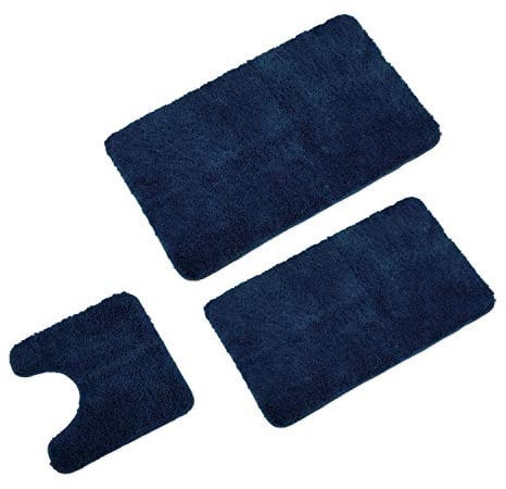 WohnDirect Badematten Set 3tlg - 3X Badvorleger (45x45 + 50x80 + 60x100cm) - Badteppich rutschfest & Waschbar - MIT WC Ausschnitt - Dunkelblau