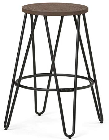 Simpli Home AXCSIM-24 Simeon Industrial Metal 24 inch Counter Height Stool with Solid Wood Seat in Black, Cocoa Brown