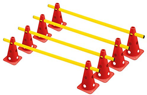 RHINOS sports Steckhürdenset 4er | 8 rote Kegel: 22,5cm | 4 gelbe Stangen: 1m