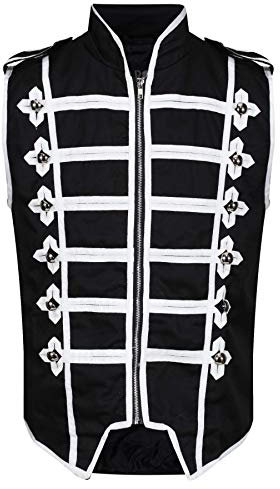 Ro Rox Sleeveless Marching Band Parade Military Jacket, Lightweight Military Drummer Vest for Stage Performances, Steampunk Themed Parties, Dress Up Parties, Black & White, XS