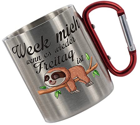 CreaLuxe Edelstahltasse mit Karabiner - Weck mich wenn es Freitag ist (Faultier) - 330ml, Tasse bedruckt, Kaffeetasse, Bürotasse, Metalltasse