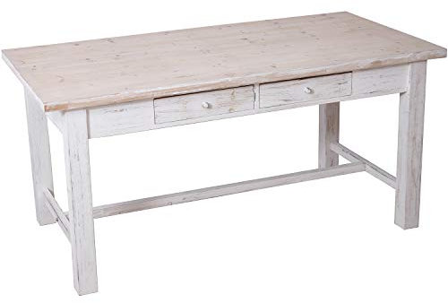 DRW Tavolo da Cucina Sala da Pranzo con 4 cassetti in Legno Bianco decape e Beige Stile Vintage 160 x 80 x 76,5 cm