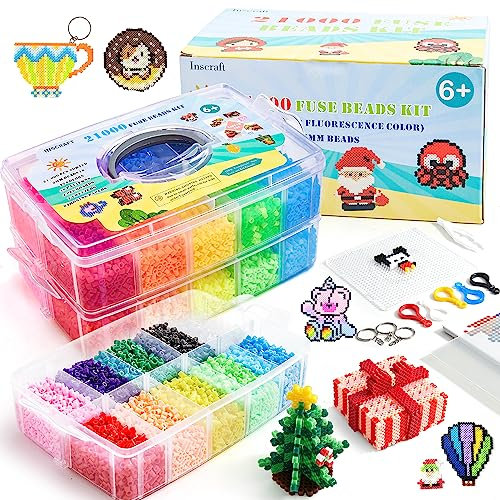 INSCRAFT Perles a Repasser, 21000 Pcs 5mm Perle à Repasser 22 Couleurs avec 48 Motifs Planches Papiers à Repasser Pincettes Boîte de Rangement, Perles à Fusion Kit Artisanal pour Cadeau Enfant