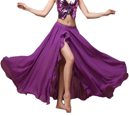 Baisdan Gonna Lunga per Danza del Ventre, in Chiffon, con Spacco, per Pratica di Danza, Viola, Taglia Unica
