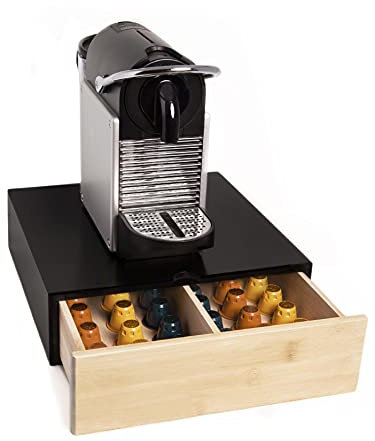 FMC SOLUTIONS Cassetto Porta Capsule o Cialde Compatibili con Nespresso e Dolce Gusto, Bustine e Accessori - Portacialde in Legno Massello, 31x30x10cm (Nero)