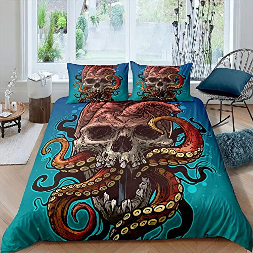 Tbrand Brown Skull Octopus Bettwäsche-Set Mintgrünes Tokio-Thema Bettwäsche Set 155x220cm Wildlife Horror Betten Set für Kinder Jungen Mädchen Teenager 2St.Reißverschluss Mikrofaser