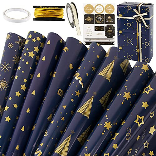FLOFIA Geschenkverpackung Papier Weihnachten Set 8 Blätter Geschenkpapier Geburtstag Blau Sterne mit Aufkleber & Doppelseitigem Klebeband & Gummiband & Satinband für Xmas