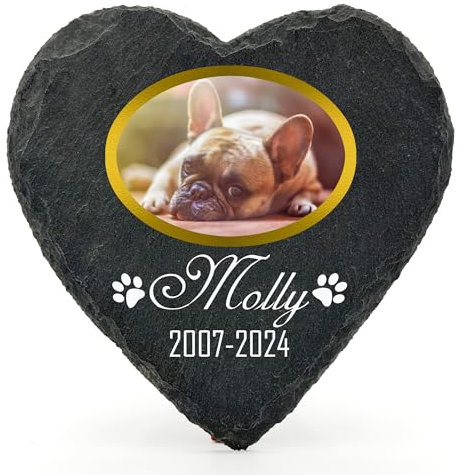 Individueller Personalisiert Herzform Tiergrabstein Schiefer Gedenkstein für Hund, Katze und andere Haustiere Tiere - Größe | 10 x 10 cm | - Goldrahmen Foto