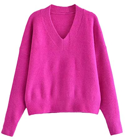 YTR6RTW Maglione a maglia delle donne Top maniche lunghe con scollo a v morbido maglieria casual maglioni a maglia Pullover, Fucsia, L